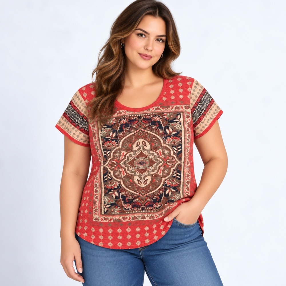 Lucky Brand Medallion Print Top Women 2X Red Short Sleeve Boho Scoop Neck
